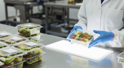 Food production worker in sterile uniform and gloves packaging f